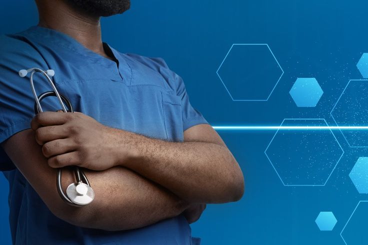 Collage with black male doctor, hexa